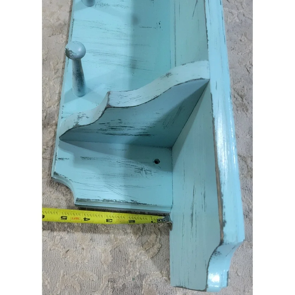 Light Blue Distressed Wood Wall Shelf Heart Cutout 4 Peg Hooks Farmhouse 36in